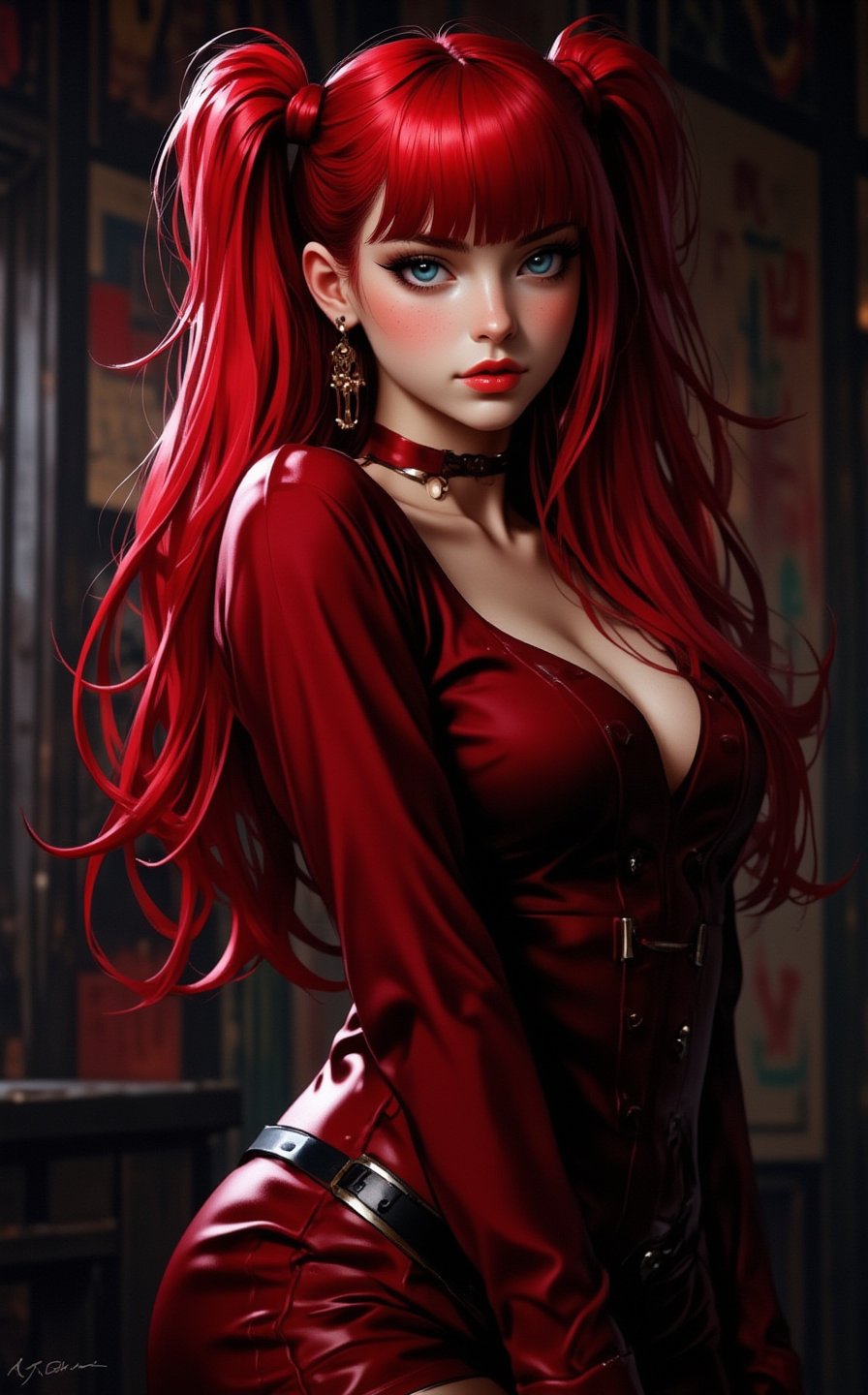 very hot Jessica Rabbit is gorgeous, Artgerm style, real cartoon, very cute and beautiful face, in the atmosphere of horror films, terrifying beauty, full-length sexy character, red hair, bright blue eyes, main character standing, gorgeous look, memorable character, epic live-action movie 