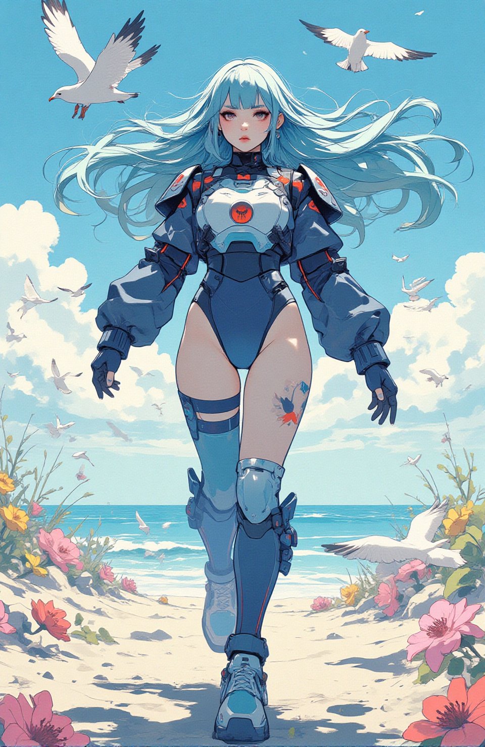 Kyoto animation anime style. Amasterpiece illustration captures a young girl with long loose blue hair spreading in the ai...