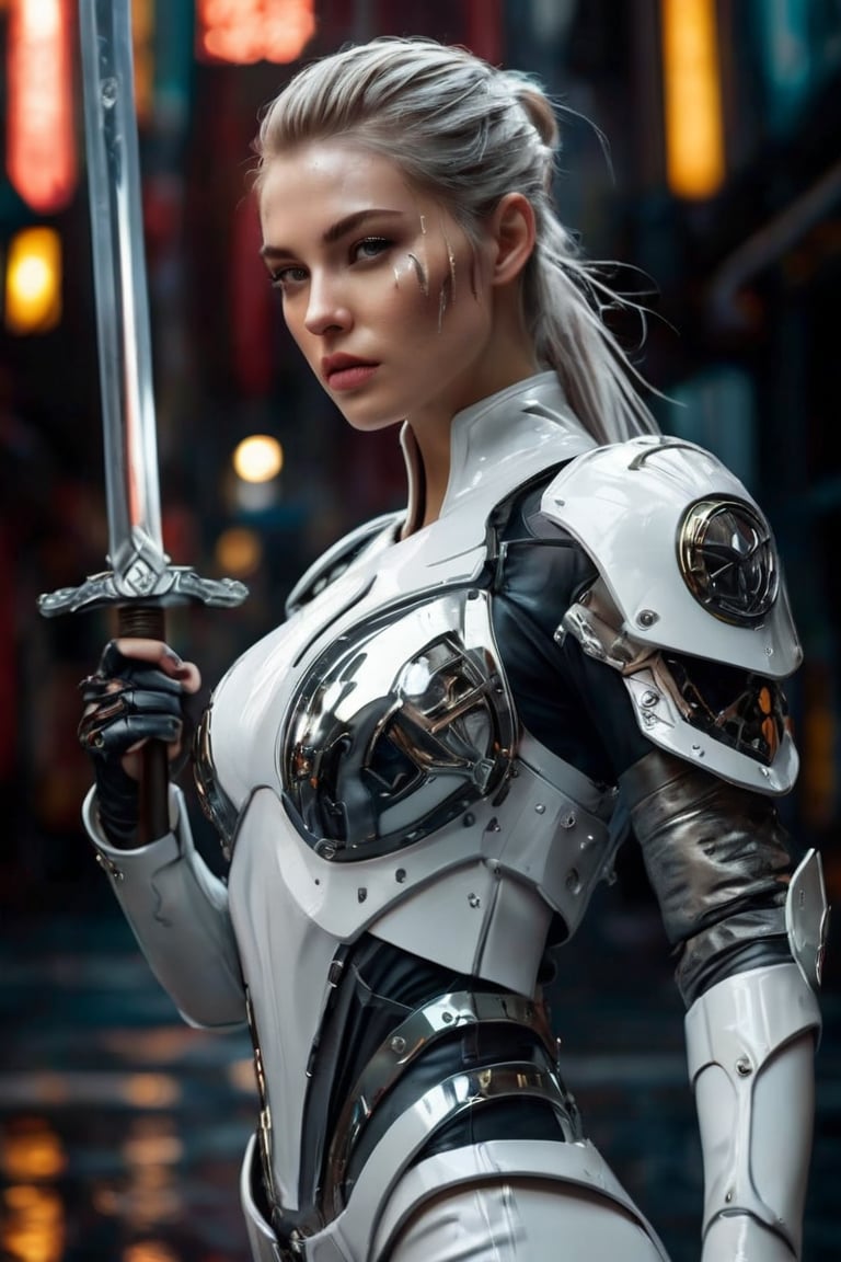 hyperrealistic, a masterpiece, gorgeous strong caucasian female fighter, wet skin, Beautiful female in futuristic attire holding a large gleam rune sword, chopping forward in the style of movie still, snapshot realism, platinum metal and white armor suit, chinapunk, cyberpunk realism,