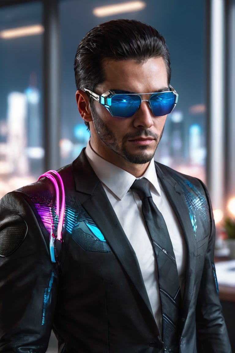 ((masterpiece)), ((best quality)), (((photo Realistic))), (portrait photo), (8k, RAW photo, best quality, masterpiece:1.2), (realistic, photo-realistic:1.3). A sleek and futuristic corporate officer in a Cyberpunk 2077-style office setting. The male character is dressed impeccably in a dark suit and tie, with shades covering his eyes. He is holding a high-tech holographic device that emits a blue glow. The office background is filled with advanced technology and neon lights, with a futuristic cityscape visible through the window. 