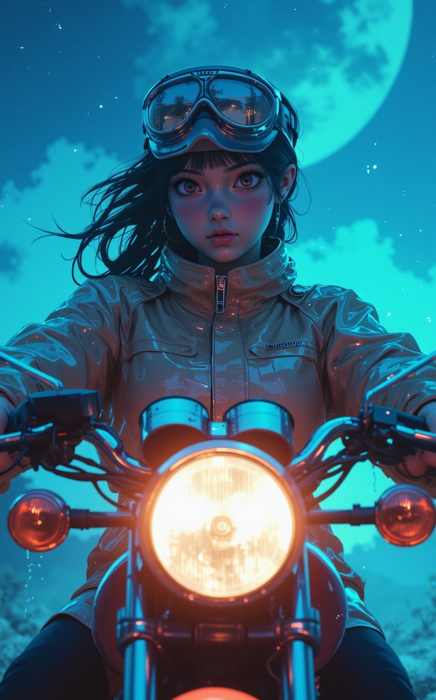 Ghibli studio anime style, Japanese anime style illustration, steampunk style, heavy raining, the endless desolate dry land is foggy, a cyan moon in the distance, a young girl riding a Honda CB125 from the 1970s, she is looking for something, details face, goggles, wet transparent low cut raincoat, low angle view shot, sunny rain lighting, perfect face, lightly sparkles smoke background, volumetric fog, Hyperrealism, cinematic lighting, highly detailed, breathtaking, 8k uhd