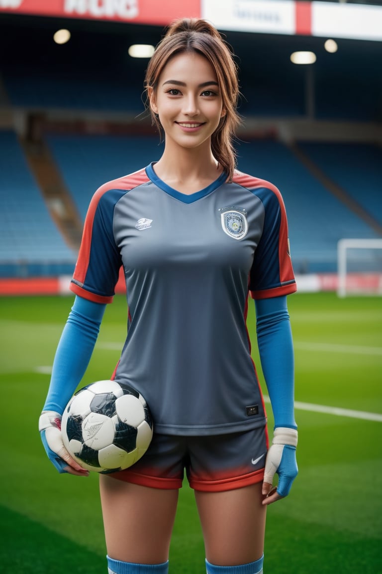 . professional sports athletic woman dressed as a soccer player,  soccer ball,  smiling by AdonisKobi on Tensor.Art