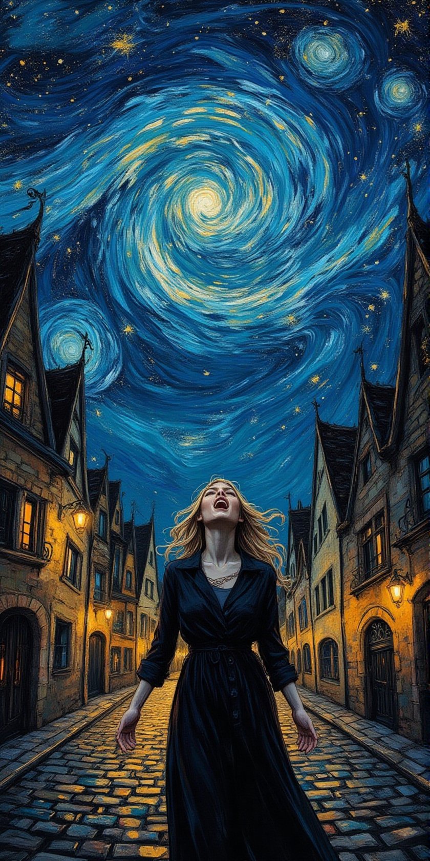 A modern fusion art masterpiece. A medium shot of a wildly screaming woman in the center. A nighttime scene of an old town the cobblestone street. The sky above her is painted in swirling patterns reminiscent of Vincent van Gogh's 'Starry Night', with bright yellow stars and swirling blues. The town buildings, with their pointed rooftops, are illuminated from within, casting a warm glow on the cobblestone streets.