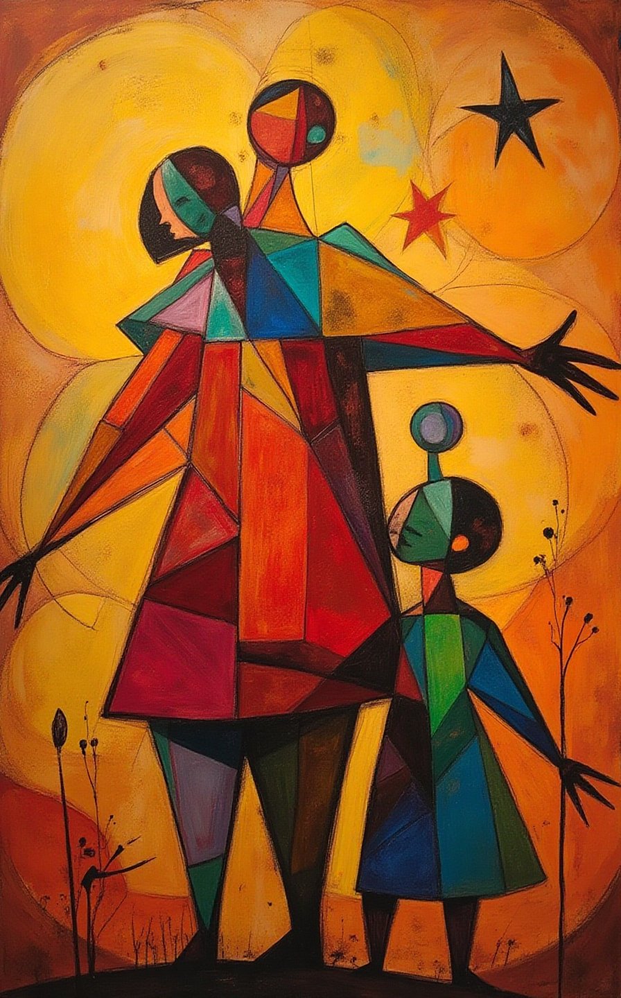 A modern art masterpiece with a abstract description of a family with colorful, geometric figures. Inspired by Dali and dadaism. The family includes a parent figure with outstretched arms, a child figure climbing the parent, and a sibling figure standing beside the parent. The background is a gradient of warm, earthy tones. The overall piece has a sense of movement and connectedness.