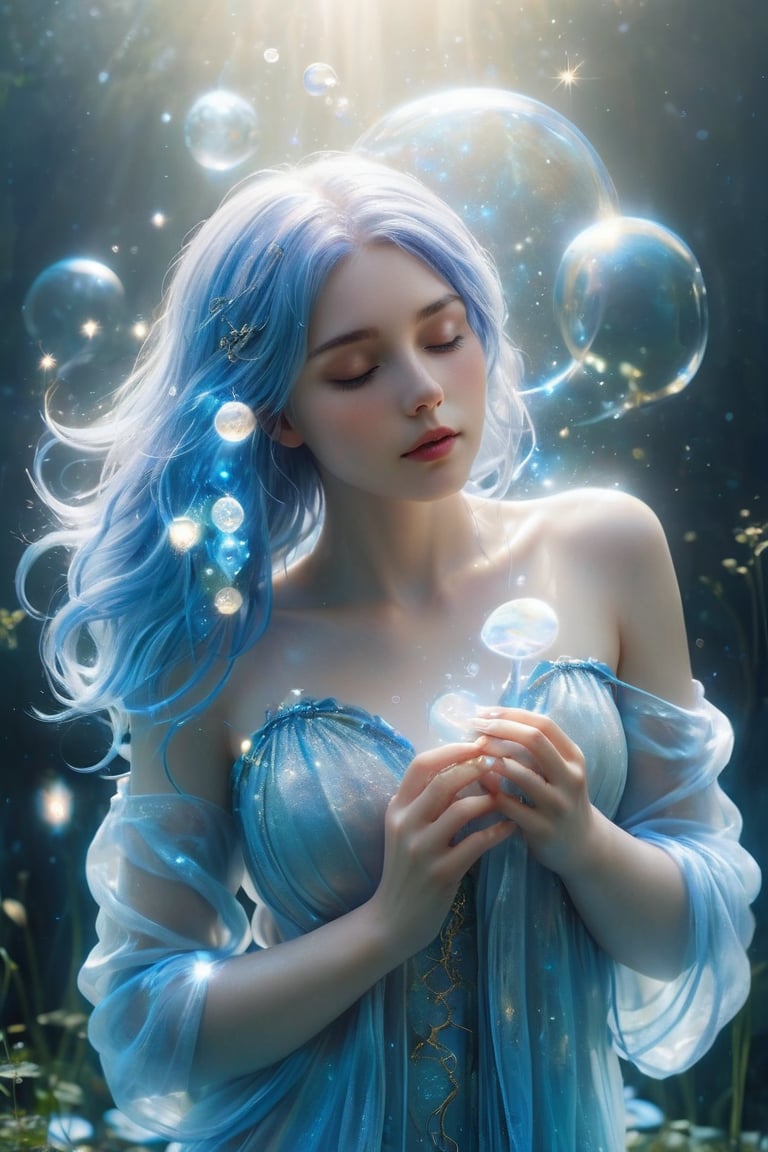 A serene and ethereal female figure with flowing blue hair that merges with the surrounding environment. She has closed her eyes and holds a delicate glowing object near her heart. The background is filled with bubbles, some of which are translucent and others shiny, giving an impression of underwater depth. The color palette is dominated by soft blues, whites, and hints of gold, creating a dreamy and magical atmosphere.