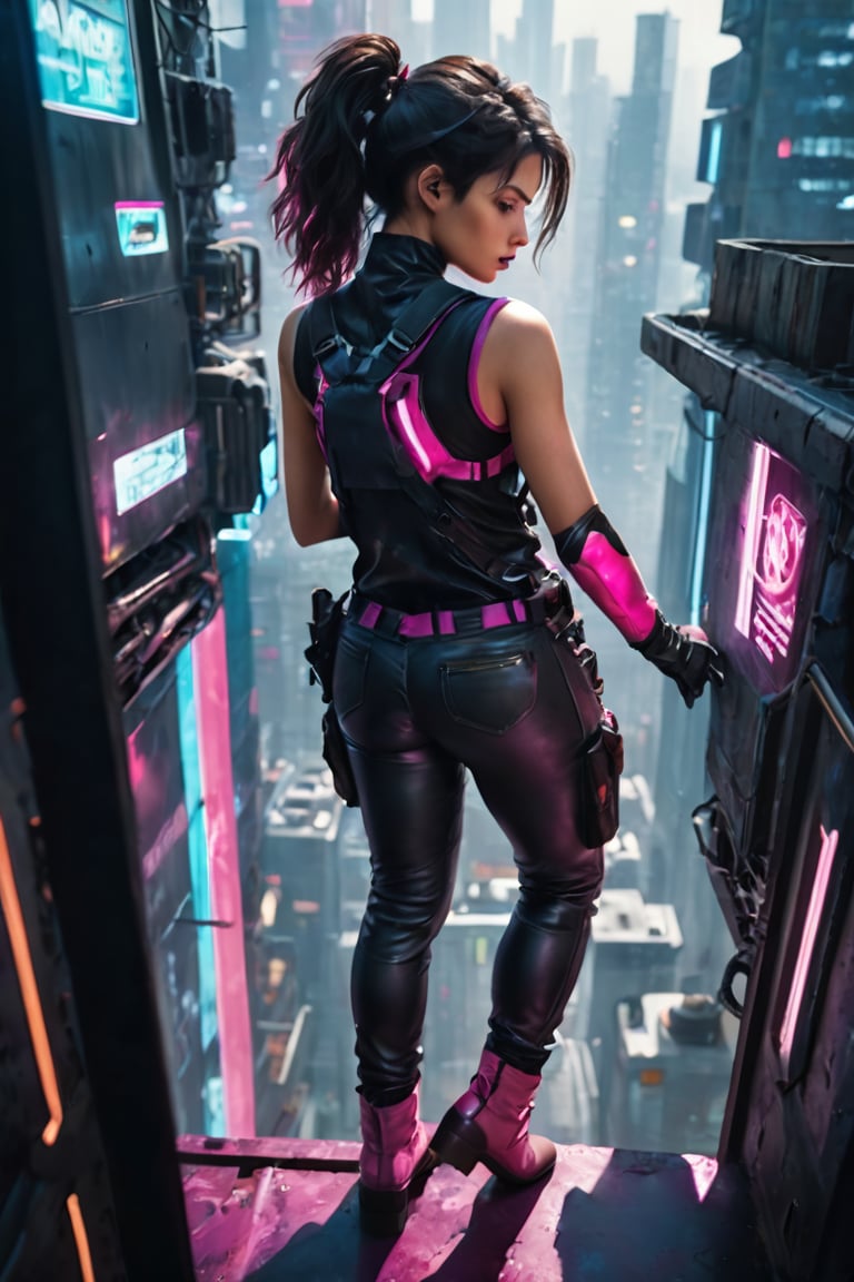 Cinematic, dramatic high-angle photograph looking down from above as Alex, a 19-year-old dark-haired young woman, as she dynamically climbs up the wall of a futuristic megacorp's headquarters. She is clad in dark lipstick, a tight pink top, and short overalls, as well as high-tech gloves and kneepads that aid her climb. She sweats from the difficult ascension and the neon-soaked background of a sprawling megalopolis, with its holographic advertisements and massive buildings, conveys the gritty cyberpunk setting.