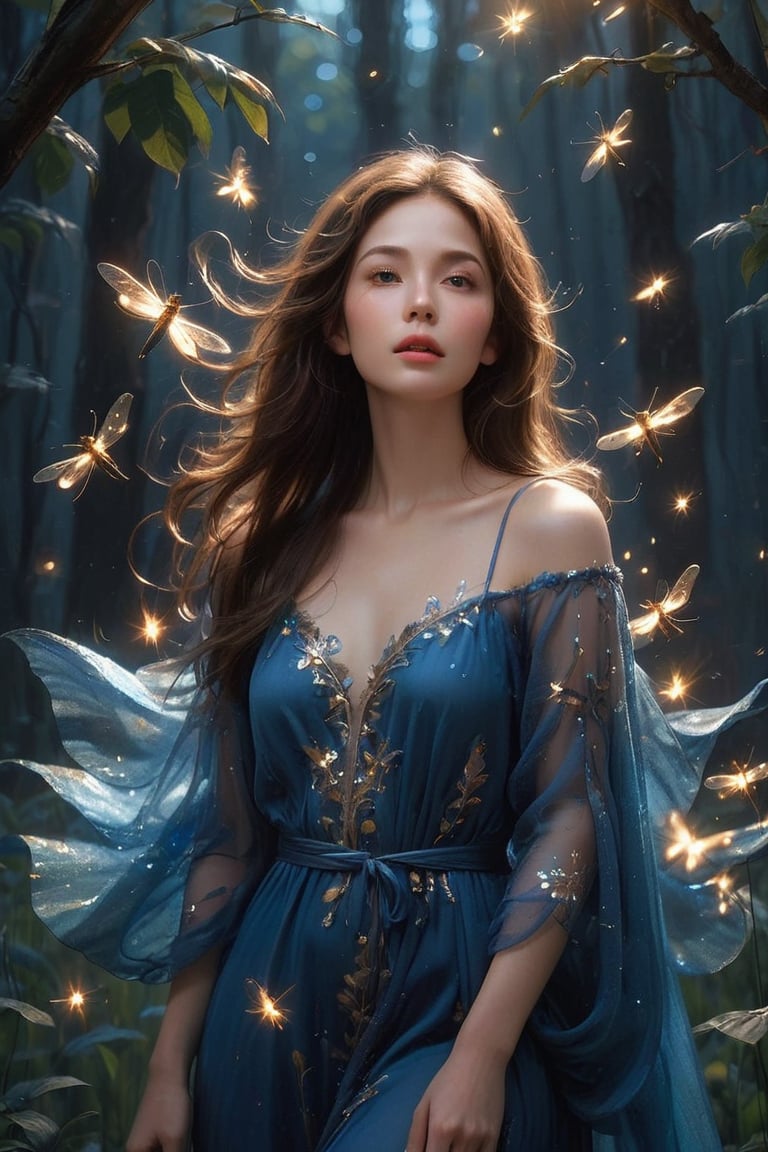 The young alluring lighting goddess. A digital masterpiece image, featuring a woman in a deep blue background, enveloped in a swarm of bright fireflies that illuminate the darkness with flashes of light. With her soft, wavy brown hair, the woman exudes an aura of tranquility and serenity. Her dress appears as an ethereal cloak of light that blends with the glow of the fireflies, while the winged creatures flutter around her, creating a magical and captivating effect. The harmony of deep blue tones and the soft radiance of the fireflies establishes an enchanting atmosphere that captures the audience's attention and imagination.