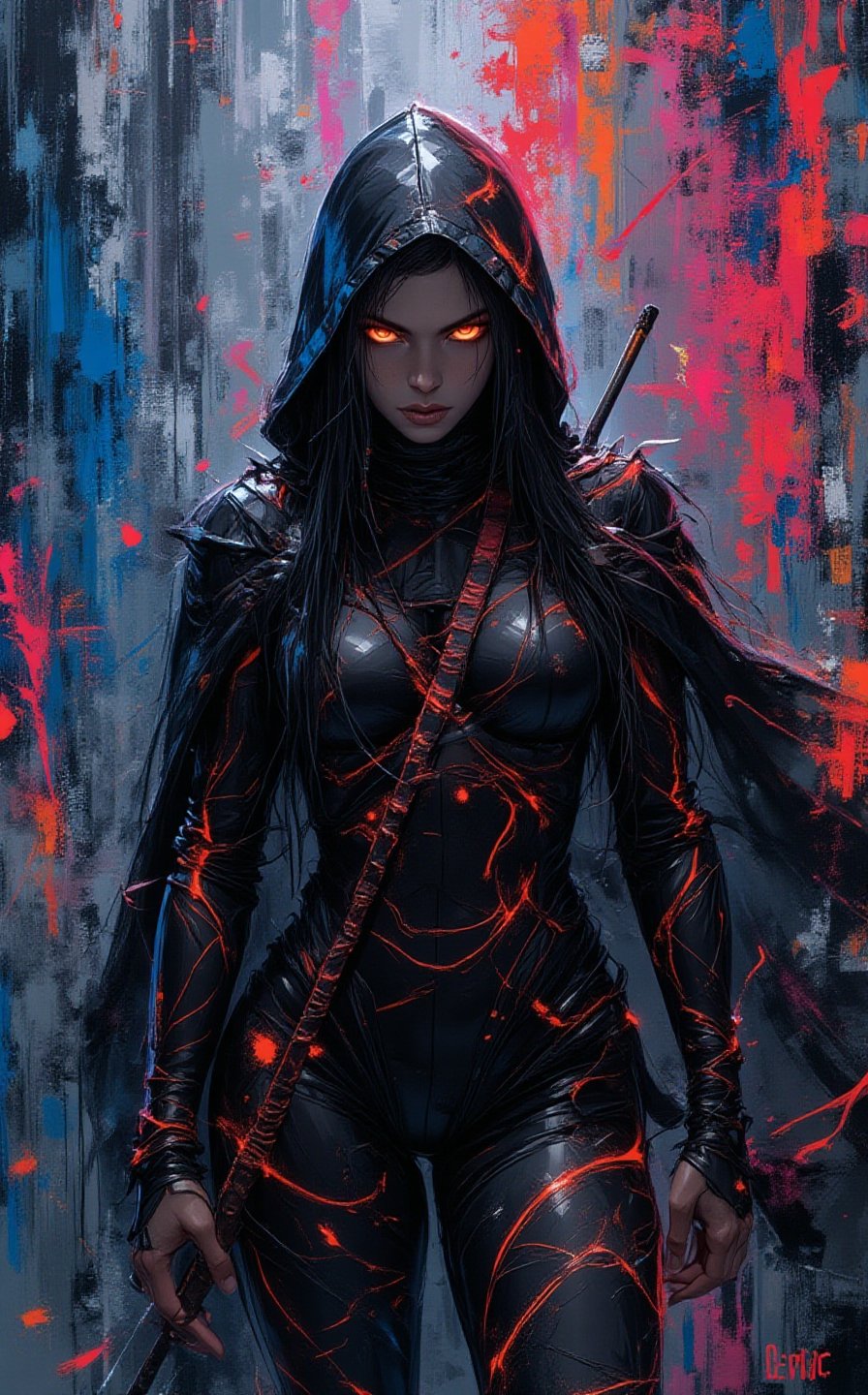 A mesmerizing neon spray paint portrait capturing a female goth cyberpunk rogue in a hidden pose. Her fiery orange eyes glow with intensity, standing out against the textured impasto background. She is adorned in a matte black bodysuit with crimson cybernetic circuitry running across her limbs, a futuristic dagger held at her side. Her hooded cloak is splattered with neon spray paint, a tribute to his chaotic and rebellious nature. The dynamic brushstrokes and sense of movement create an immersive visual experience, reflecting the artist's surreal interpretation of stealth and survival in a dystopian future. A vibrant neon glow enhances the depth and texture of the impasto, with a towering futuristic cityscape in the distance, barely visible through the mist, spatula acrylic, 8k, night vibrant colors.