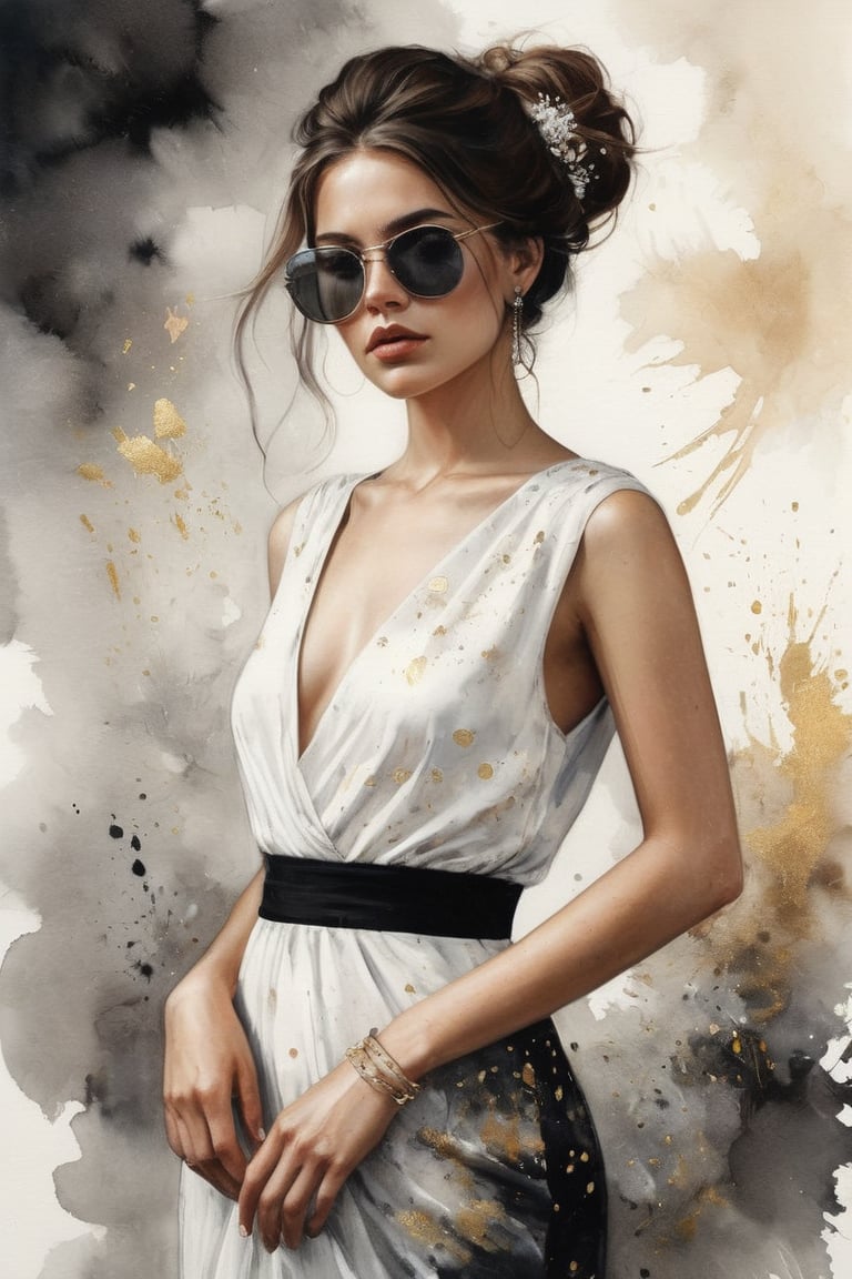 hyperrealistic,  a masterpiece painting,  A mesmerizing watercolor wash illustration featuring a stunning young woman stan...