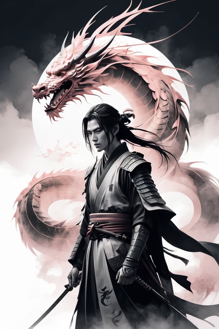 masterpiece drawing in a soft pink hue. A stunning and minimalist ink wash illustration of a samurai standing defiantly in front of a magnificent dragon. The samurai wears traditional armor, and his face is hidden behind a ritualistic mask. The dragon, with a fierce gaze, is portrayed with elegant strokes, using light white and dark gray tones. The background is simple and evokes a feeling of tranquility. The artwork is reminiscent of gongbi painting techniques, combining elements of witchcore and conceptual art, resulting in a breathtaking masterpiece.