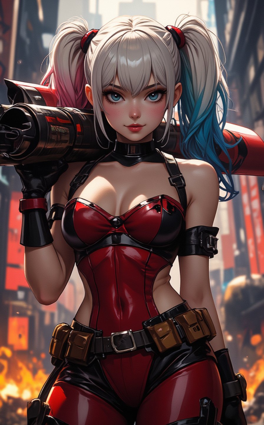 Ghibli studio anime style. Full body shot of Harley Quinn,  sexy pose in original Deadpool's costume,  carrying a huge roc...