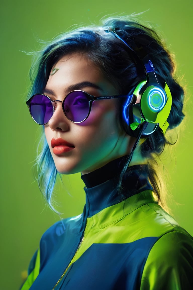 ((masterpiece)), ((best quality)), (((photo Realistic))), (8k, RAW photo, best quality, masterpiece:1.2), (minimalist). A captivating side profile portrait of a young fashionable woman, predominantly using electric blue and neon green hues. The subject dons futuristic, angular sunglasses with reflective green lenses, which perfectly complement the vibrant green background. Their sleek headphones, featuring alternating blue and green stripes, rest comfortably over their ears. The subject's skin is accentuated with bold, contrasting blue and green tones, emphasizing their sharp facial features, neck, and shoulder. The composition is framed by a large, luminous green circle, creating a striking visual contrast between the subject and the vivid backdrop.