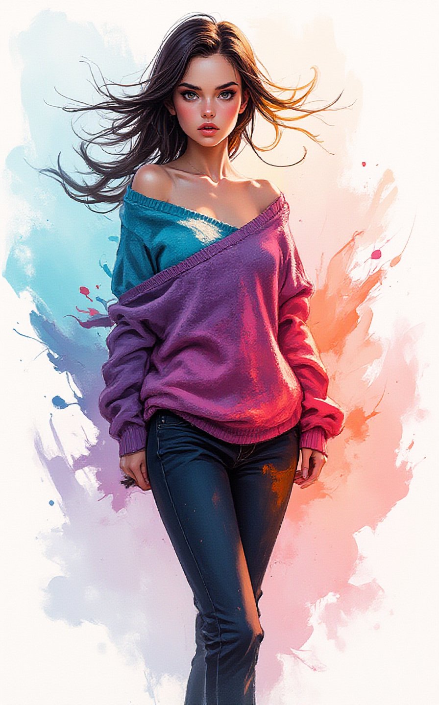 A stunning illustration of a young alluringly beauty woman standing gracefully, wearing an oversized sweater with one shoulder exposed, rendered in the bold, textured brushstrokes of Leonid Afremov combined with the fluidity of ink washing. The sweater is painted vibrant colors, cyan, purples, coral and oranges, sweeping fabric is caught in the wind, swirling around her in expressive, thick strokes of paint. The flowing material dances through the air, creating a sense of dynamic motion and energy. The vibrant ink brings a subtle, ethereal quality to the swirling fabric, blending into soft, flowing gradients.The background is minimal, allowing the vibrant sweater and soft ink washes to stand out, as the combination of the great artist Afremov’s energetic style.