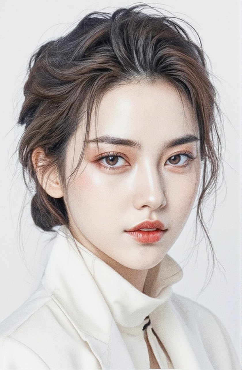 Realistic Black and white delicate sketch of a beautiful Korean woman, white minimalist room background setting, highlighting the contrast between the symmetric blue eyes and pink-red lips, the lighting is soft and diffused, casting gentle shadows that sculpt her features and the textures of her attire. Perfect face, simetrical face, simetrical eyes, ultra detailed, sharp focus, 8k, high definition, insanely detailed, 