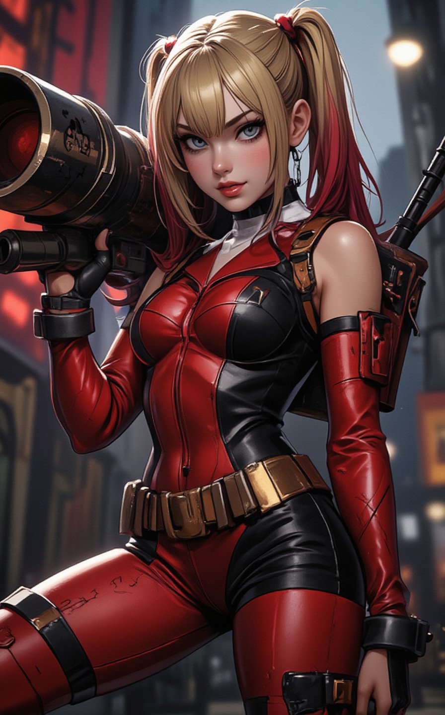 Ghibli studio anime style. Full body shot of Harley Quinn,  sexy pose in original Deadpool's costume,  carrying a huge roc...