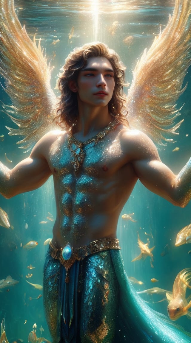 A captivating fantasy portrait of a stunning powerful semi god. Beneath the surface of a crystal-clear lake, Nereus, a regal merman warlord, commands his aquatic legions with grace and ferocity. The refracted, shimmering light of the sun dances across his iridescent scales, revealing the intricate patterns and subtle color variations that adorn his powerful form.,Genderless,Handsome boy,masculine,cinematic style,glitter