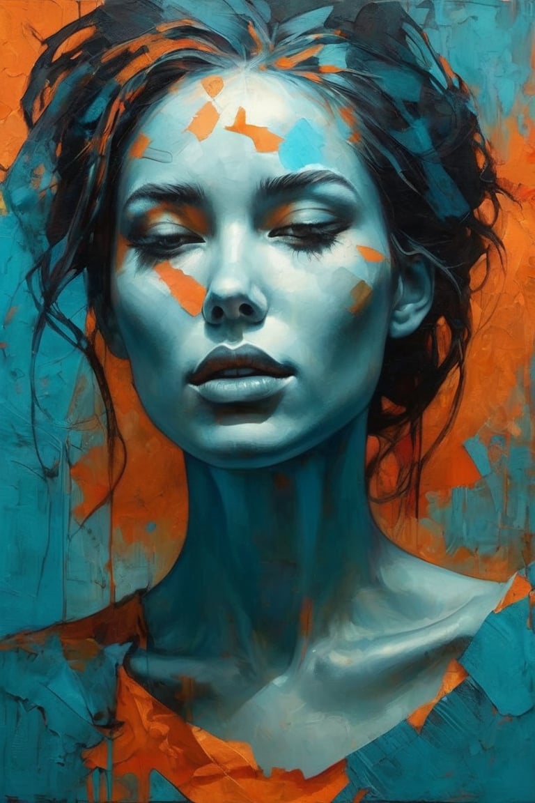 a mesmerizin stylized painting on torn paper. A blue colored woman with closed eyes,  in the style of Jarek Kubicki,  agai...
