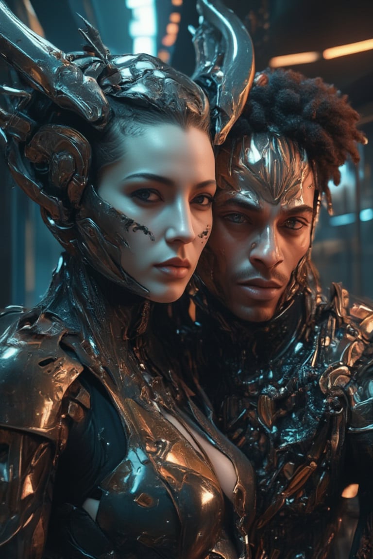 An alien male humanoid and a young woman merging together to create a new plane of existence,  their bodies transcending t...