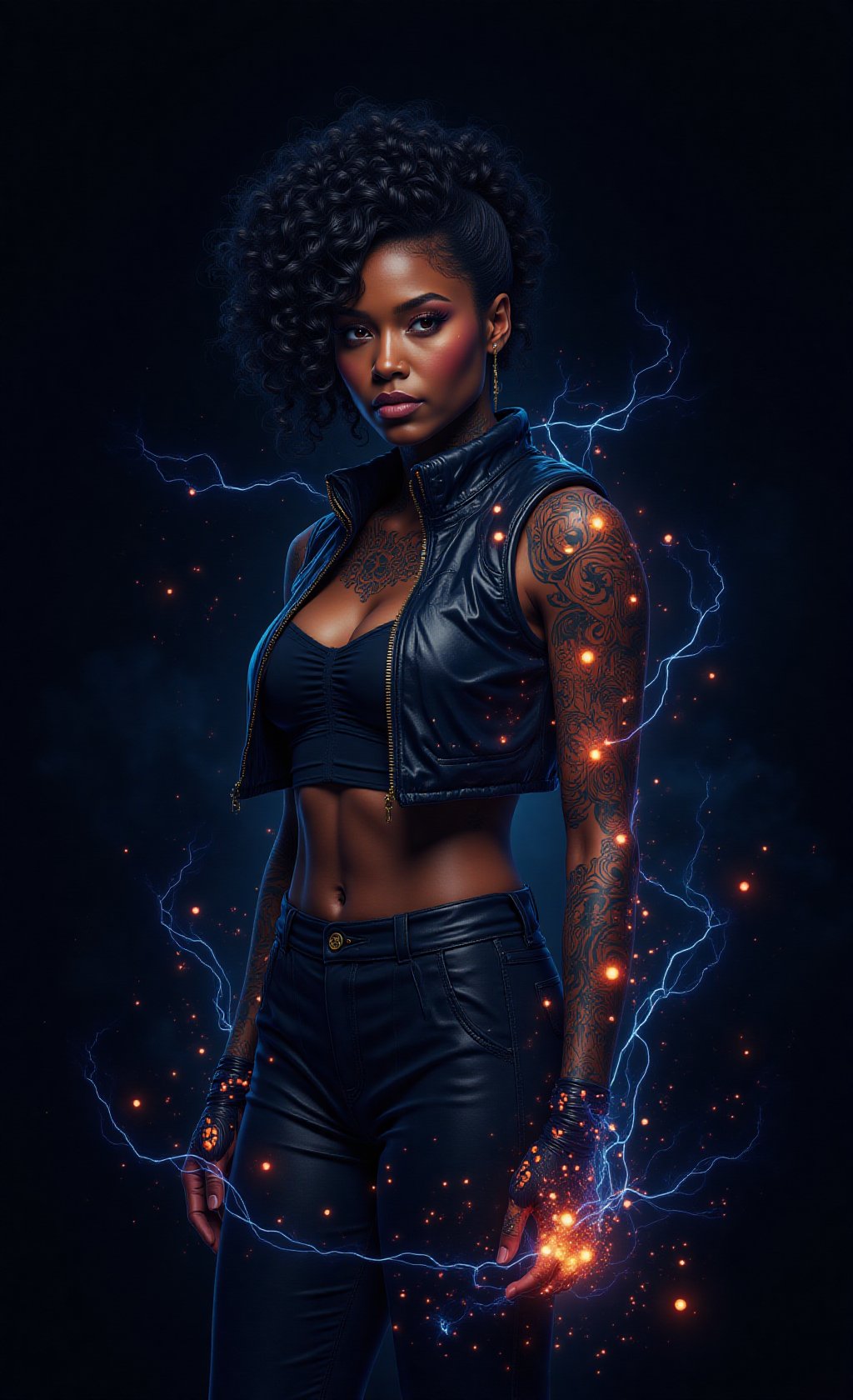 A cinematic sci-fi illustration of a distinguished black woman with intricate tattoos that glow mysteriously. She wears a...