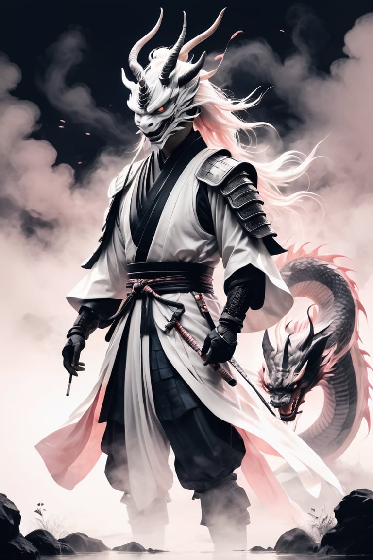 masterpiece drawing in a soft pink hue. A stunning and minimalist ink wash illustration of a samurai standing defiantly in...