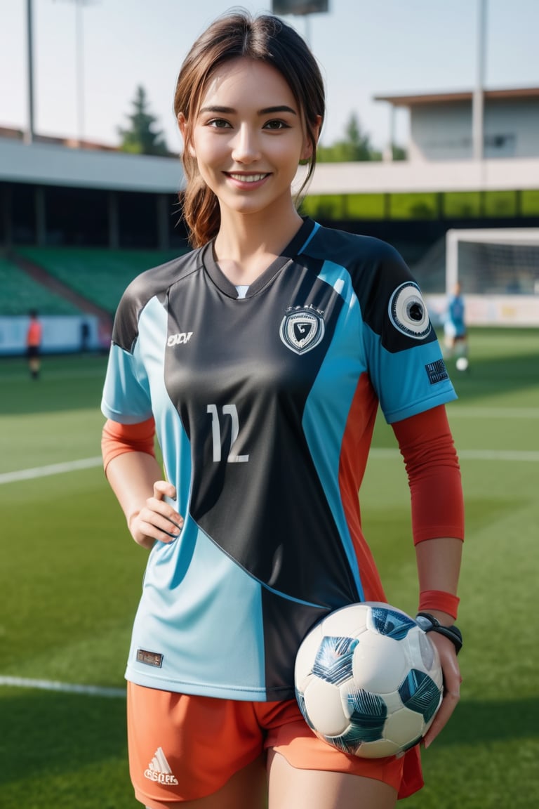 . professional sports athletic woman dressed as a soccer player,  soccer ball,  smiling by AdonisKobi on Tensor.Art