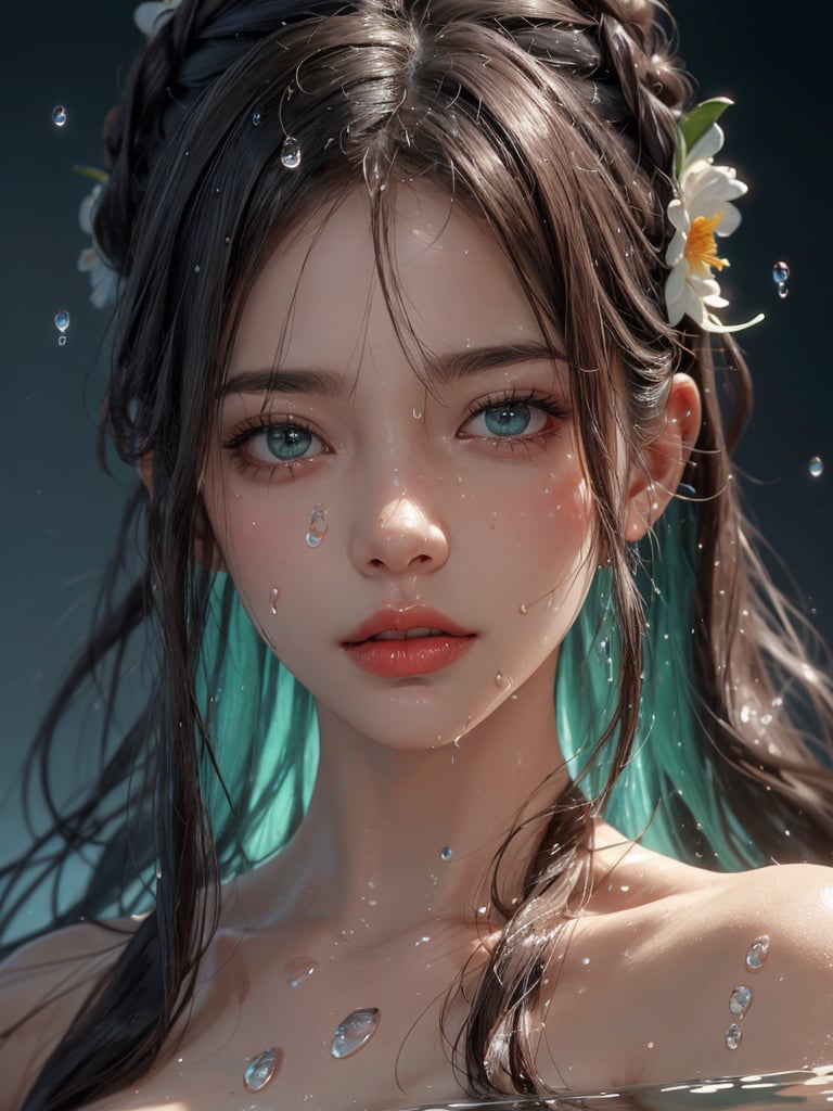A striking,  close-up portrait with a captivating focus on a young naked woman's face. The eye,  nose by AdonisKobi on Ten...