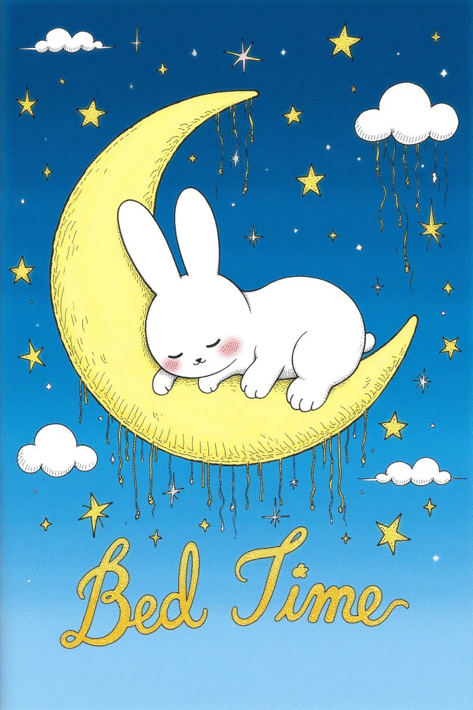 A whimsical and enchanting illustration of miffy peacefully sleeping on a crescent moon adorned with golden stars. The moon is surrounded by some fluffy white clouds and cascading stars, creating a celestial backdrop. The starry sky exudes a sense of serene tranquility. The phrase "Bed Time" is elegantly written in golden cursive letters at the bottom, adding a touch of fashion and elegance to the creative illustration.