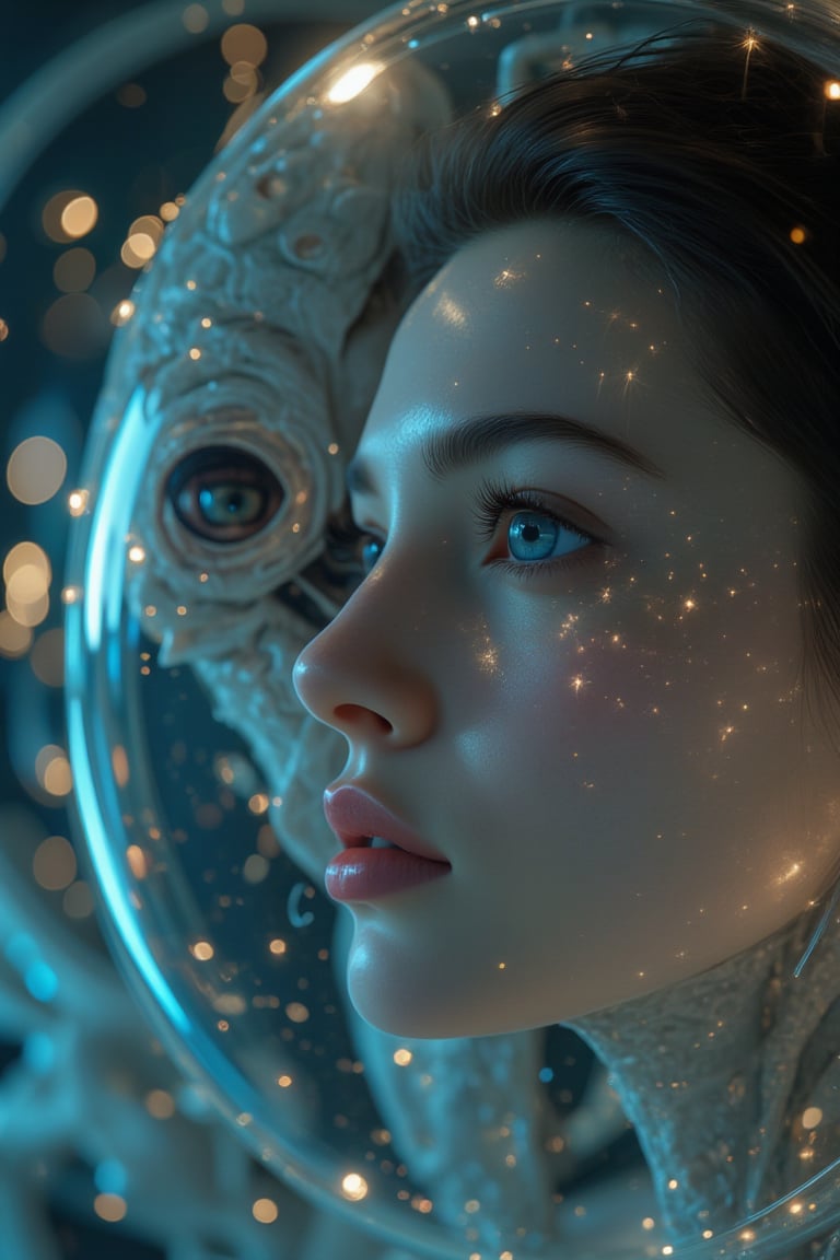 An alien male humanoid and a young woman merging together to create a new plane of existence,  their bodies transcending t...