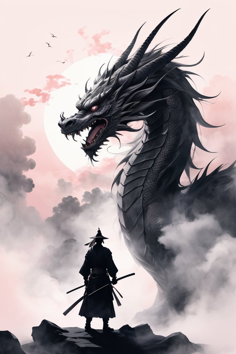 masterpiece drawing in a soft pink hue. A stunning and minimalist ink wash illustration of a samurai standing defiantly in front of a magnificent dragon. The samurai wears traditional armor, and his face is hidden behind a ritualistic mask. The dragon, with a fierce gaze, is portrayed with elegant strokes, using light white and dark gray tones. The background is simple and evokes a feeling of tranquility. The artwork is reminiscent of gongbi painting techniques, combining elements of witchcore and conceptual art, resulting in a breathtaking masterpiece.