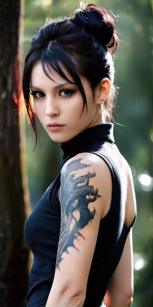 Japanese live-action movie, a striking photograph capturing the essence of 'The Girl with the Dragon Tattoo.' The protagonist, with a piercing gaze and unruly hair, wears a tattoo of a large, fiery dragon that seems to come alive on her arm. The tattoo glows vibrantly, casting a mesmerizing aura. The background is dark, with a hint of a mysterious forest, adding to the overall atmosphere of suspense and intrigue.