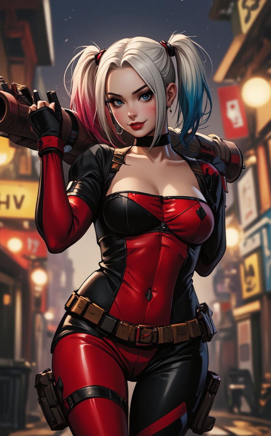Ghibli studio anime style. Full body shot of Harley Quinn,  sexy pose in original Deadpool's costume,  carrying a huge roc...