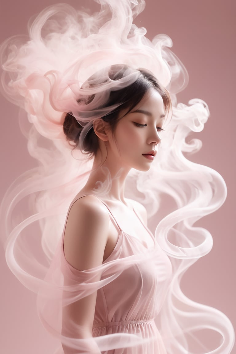 A captivating minimalist portrait of a woman, her wavy figure artfully crafted from delicate smoke in a soft pink hue. The smoke sculpture flows with a dreamy, delicate movement, capturing a fleeting moment of time. The crisp, clear lines and simplicity of the design enhance the elegance and beauty of this surreal, dreamy image.