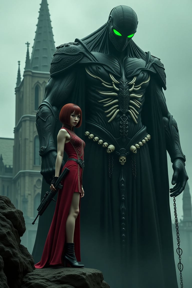 Ultra-realistic movie poster. In the foreground, sexy black widow from movel stands on a tall rock near a cliff. She is wearing a red qipao dress with a high slit and black high-heeled shoes. Her short red hair is styled in a bob, and she is holding a futuristic rifle, aiming at the viewer. Next to her is a gigantic menacing figure in black organic armor, featuring intricate white markings across the chest and arms. Its eyes glow vibrant green from a black mask adorned with white patterns. The figure is surrounded by a tattered flowing cape, with skulls hanging from the waist. In the background looms a gothic cathedral with an imposing cross covered in chains. The atmosphere is eerie with a dramatic interplay of light and shadow.