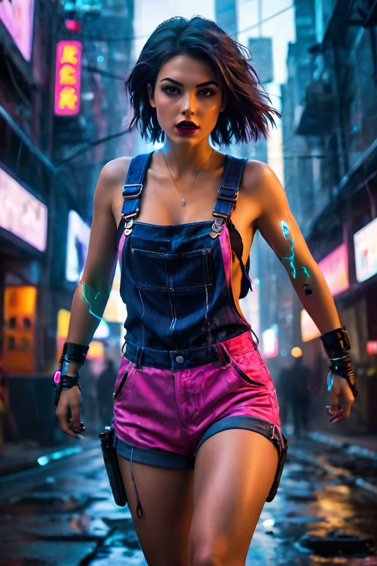 An electrifying low-angle photograph captures the essence of Alex,  a 22-year-old dark-haired tomboy,  as she dynamically...