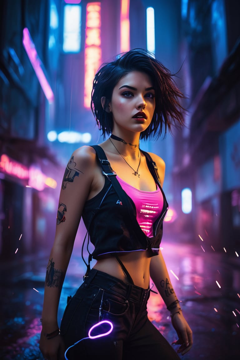 An electrifying low-angle photograph captures the essence of Alex,  a 22-year-old dark-haired tomboy,  as she dynamically...