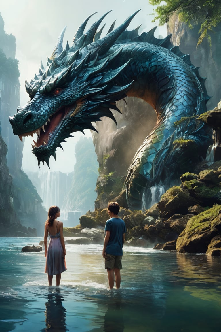 hyperrealistic,  a masterpiece,  a young woman is standing in the water next to a gigantic dragon head by AdonisKobi on Te...
