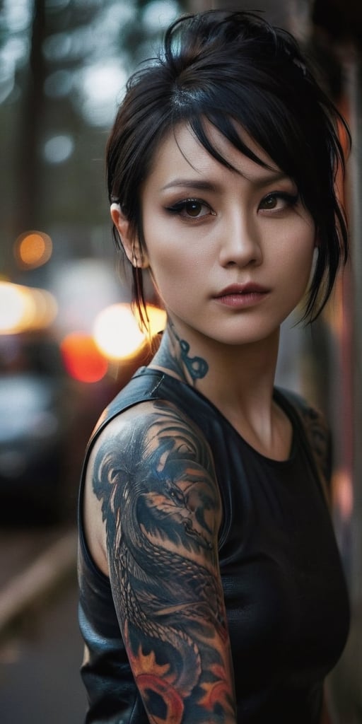 Japanese live-action movie, a striking photograph capturing the essence of 'The Girl with the Dragon Tattoo.' The protagonist, with a piercing gaze and unruly hair, wears a tattoo of a large, fiery dragon that seems to come alive on her arm. The tattoo glows vibrantly, casting a mesmerizing aura. The background is dark, with a hint of a mysterious forest, adding to the overall atmosphere of suspense and intrigue.