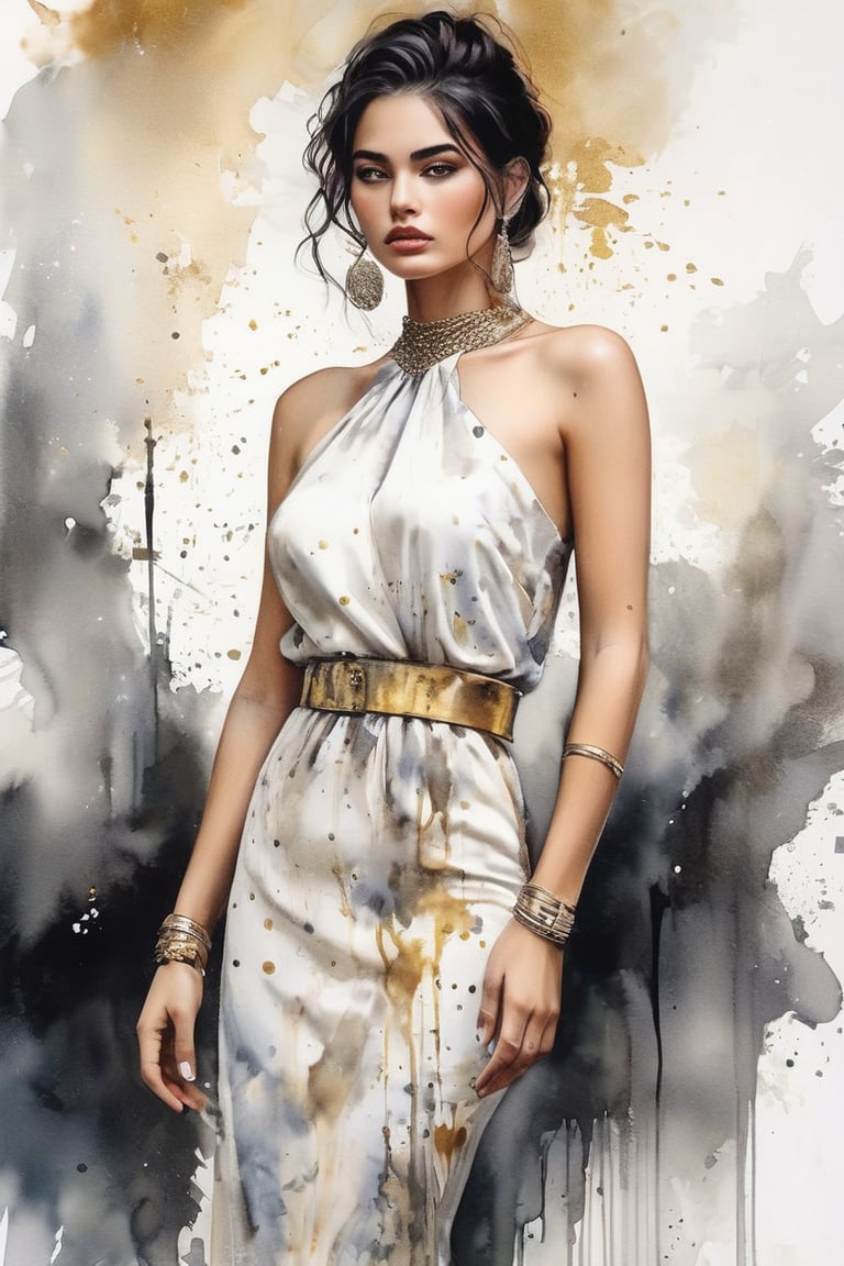 hyperrealistic,  a masterpiece,  A mesmerizing watercolor wash illustration featuring a stunning young woman standing pois...