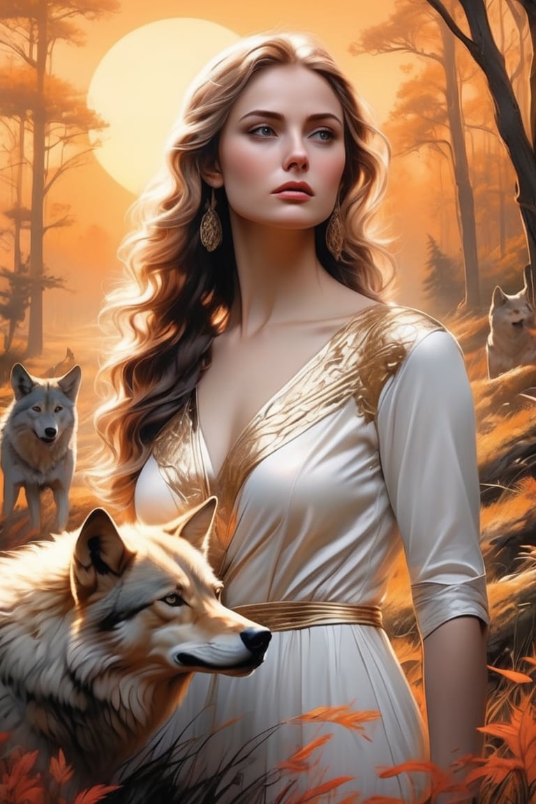 (masterpiece), (best quality),(ultra-detailed),(illustration),(extremely detailed),(perfect anatomy),(super detailed skin). A striking illustration of a wild wolf, its eyes locked on a beautiful, curvy woman who exudes confidence and allure. The woman, wearing a flowing white dress, stands tall and unperturbed, her body language asserting dominance over the wolf. The background is a lush forest, with a golden sunset casting warm hues over the scene. The illustration captures a powerful dynamic between the wild and the captivating, with an intriguing twist on the traditional hunter-prey dynamic., illustration