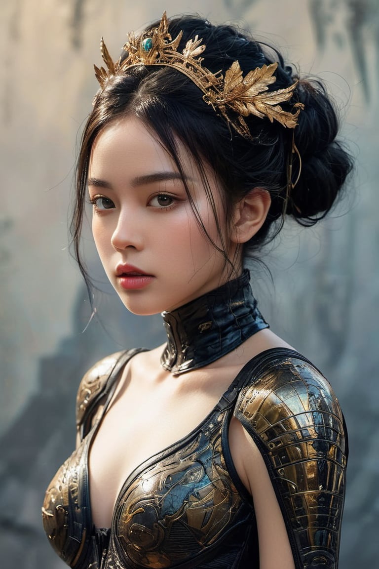 (8k, RAW photo, best quality, masterpiece:1.2), (realistic, photo-realistic:1.3). Renaissance princess with cyberpunk elements, full body stance combines historical and futuristic aesthetics, costume merges line art elegance with watercolor vibrancy, dominant black and gold colors, inspired by Carne Griffiths, Vadim Kashim, Carl Larsson, Greg Rutkowski's intricate detail, Artgerm's stylish touch, evoking H.R. Giger's ominous ambiance, Beksinski's complex design, wide shot composition, crisp focus, seamless transition between hues, digital painting, ultra-realistic