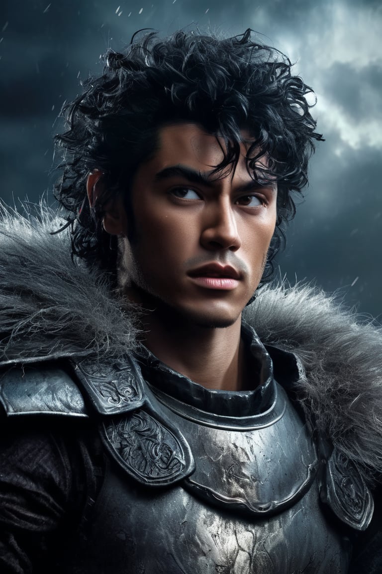 hyperrealistic, a masterpiece live-action movie poster. A breathtakingly realistic image of Gattsu from Berserk rests his hands on his large rune sword, evil grin, spark in the eye, a storm in the horizon, backlight, hybrid Super Saiyan form, radiating an otherworldly aura. Showcase his chiseled physique, wild hair, and slight evil smile. Utilize advanced techniques to capture subtle lighting, texture, and divine attire details. Exude an atmosphere of awe-inspiring wonder, as if he is about to unleash powerful divine energy. Bring this extraordinary visual to life with 3D rendering and meticulous attention to detail. Set in a whimsical, imaginative, and lively environment, showcase his powerful unexpected tricky move.