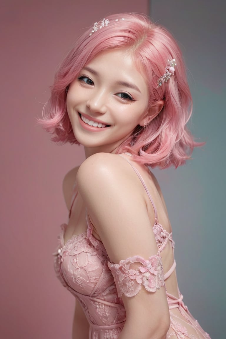 A young alluring woman wearing pink hair in a transparent hollow pink lace dress, in the style of hyperrealism and photorealism,she is at the seductive bending pose, UHD image, soft-focused realism, pastel color, babycore, gentle smile,better photography,dal