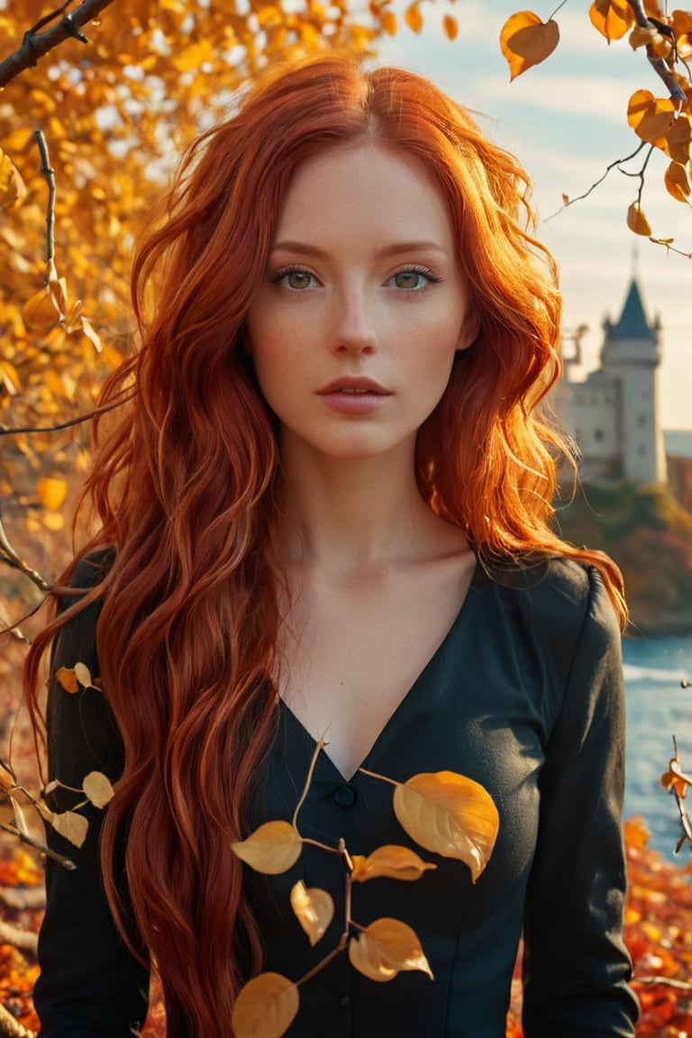 A stunning close-up picture that captures the essence of love and beauty. A captivating and vibrant conceptual art piece, featuring a young adorable woman with very long cascading red hair, seamlessly merging into a picturesque autumn landscape. She stands gracefully amidst a sea of golden leaves, her hair intertwined with branches and foliage. Behind her, a majestic castle stands proudly against an intense orange sky, as if it's on fire. The overall atmosphere of the illustration is cinematic and surreal, evoking a sense of wonder and enchantment, cinematic, vibrant, conceptual art,dal,photo