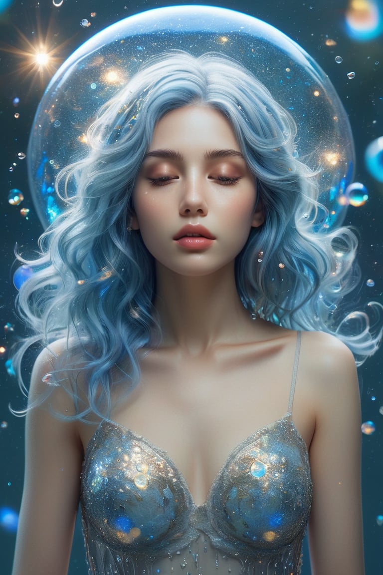 A serene and ethereal female figure with flowing blue hair that merges with the surrounding environment. She has closed her eyes and holds a delicate glowing object near her heart. The background is filled with bubbles, some of which are translucent and others shiny, giving an impression of underwater depth. The color palette is dominated by soft blues, whites, and hints of gold, creating a dreamy and magical atmosphere.