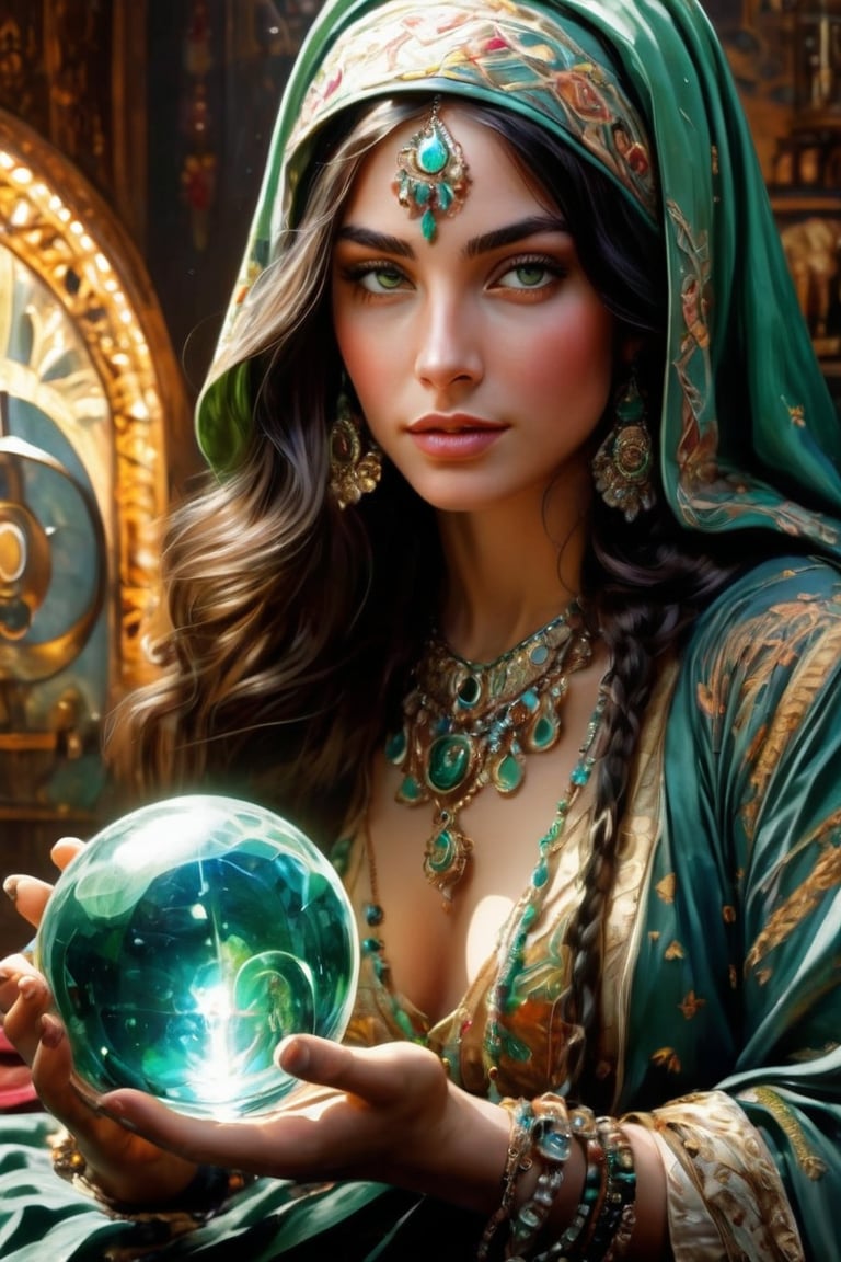 realistic vintage lithograph style, a gorgeous gypsum fortune teller with long dark hair and green eyes, a mysterious young goddess, wearing an embroidered headscarf with many jewels around her neck, slight evil smile, holding up a large crystal ball in her hands, close-up of her face, in the style of fantasy art, best quality, highly detailed, 