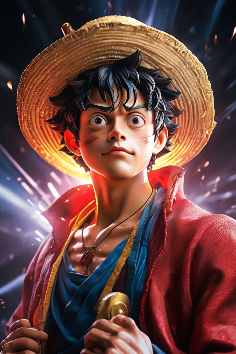 hyperrealistic, a masterpiece live-action movie poster. A breathtakingly realistic image of Monkey d. Luffy in his God Nika form, radiating an otherworldly aura. Showcase his chiseled physique, wild curly hair, and beaming smile. Utilize advanced techniques to capture subtle lighting, texture, and divine attire details. Exude an atmosphere of awe-inspiring wonder, as if Luffy is about to unleash divine energy. Bring this extraordinary visual to life with 3D rendering and meticulous attention to detail.