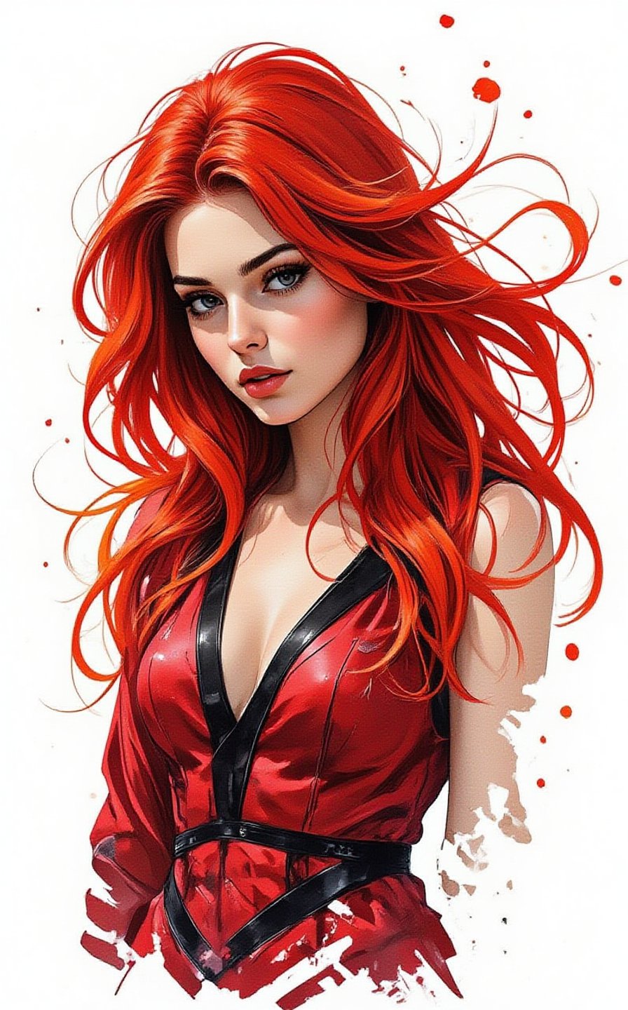 A striking stencil art portrait of a young sexy woman with very long fiery glowing red hair swirling in the wind. She is in a distinctive metallic red dress, featuring a circle pattern and bold stripes. Her intense gaze is directed to the right, lightly downwards, as if contemplating a secret. The stark white background highlights the intricate details of the stencil work, showcasing the artist's skill and precisionm