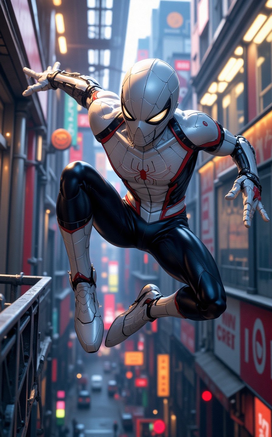 Ghibli studio anime style, a striking photo taken from a low-angle perspective view, focus on the spiderman's hand while he ijumping down from a high building. Spider-Man hybrid the style of Ultron, gleaming silver white armor with glitter lights and a hyper-realistic advanced joint parts, poised on mid-air, unreal engine-powered aesthetic. Casting unexpected super power.