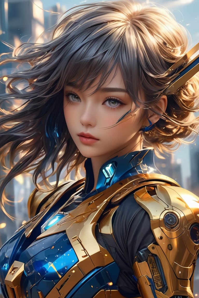 masterpiece digital artwork, Ultra detailed illustration of photorealistic, detailed flying hair, urbanpunk, a gorgeous girl fighting at war, lying on the floor aiming with a sniper gun, body is adorned with glowing golden runes, intense blue aura around her body, wearing light gundam armor, short white hair is blowing in the wind, fighting at war, shiny, divine, celestial, manga, anime, intricate details, very detailed and intricate armor, dynamic epic action pose, dynamic angle, perfect realistic skin pores, cinematic lighting, 4k, hyperrealistic, focused, high details, unreal engine 5, cinematic, sharp focus, hard surface, colorful shot, stormy weather, tons of flying debris around her, futuristic city background, 