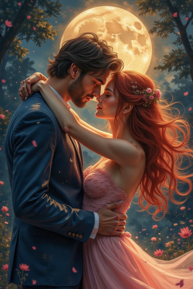 Portrait art, splash art, creative artwork, s passionate embrace between two lovers, their bodies intertwined in a beautiful dance of love. The moon's soft glow illuminates their faces, highlighting the intensity of their emotions. Rendered in a dreamy watercolor style, this illustration captures the essence of romance. The intricate details and vibrant colors bring to life the intense emotions of love and union between these two souls. The soft brushstrokes and warm colors convey the depth of their love and tranquility, The image is a stunning painting, rich in colors and meticulous brushstrokes. This portrait showcases lovers with a serene aura,